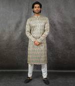 Beige Embroidered Textured Kurta