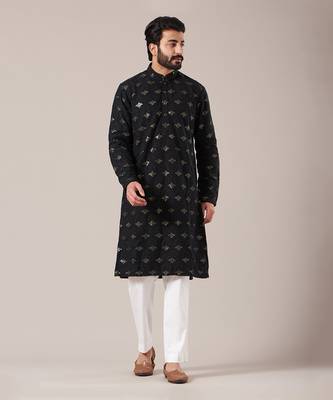 Black Silk Chikankari Embroidered Kurta 1