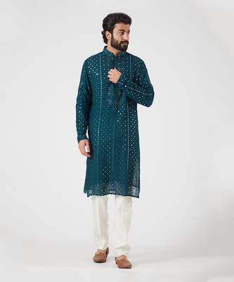 Teal Hand Embroidered Kurta 1