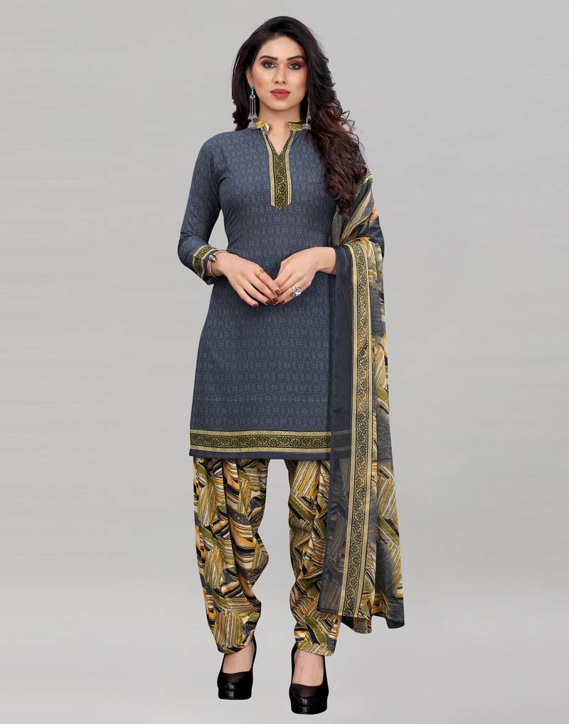 Grey Printed Crepe Unstitched Women'S Dress Material