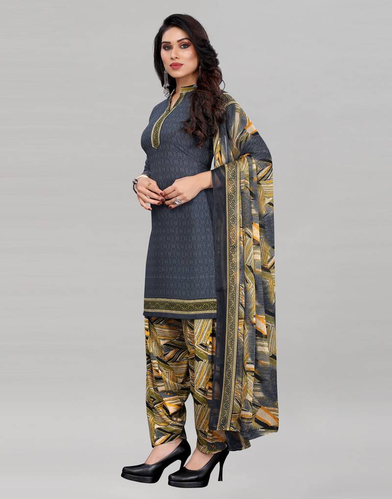 Grey Printed Crepe Unstitched Women'S Dress Material