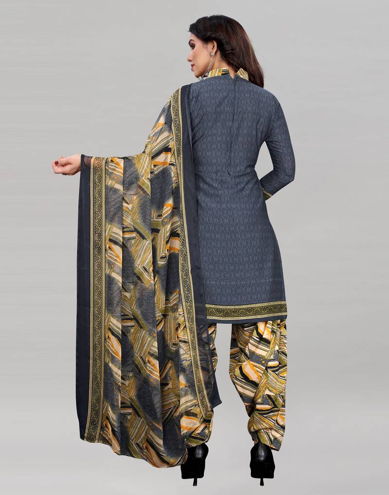Grey Printed Crepe Unstitched Women'S Dress Material