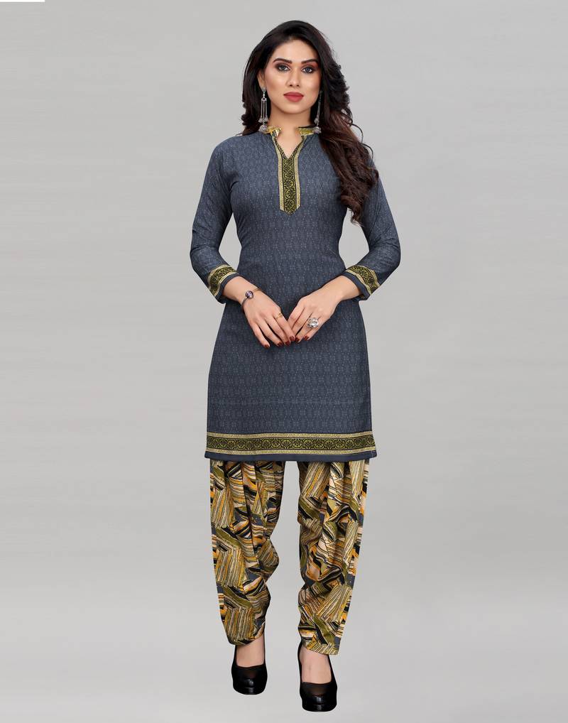 Grey Printed Crepe Unstitched Women'S Dress Material