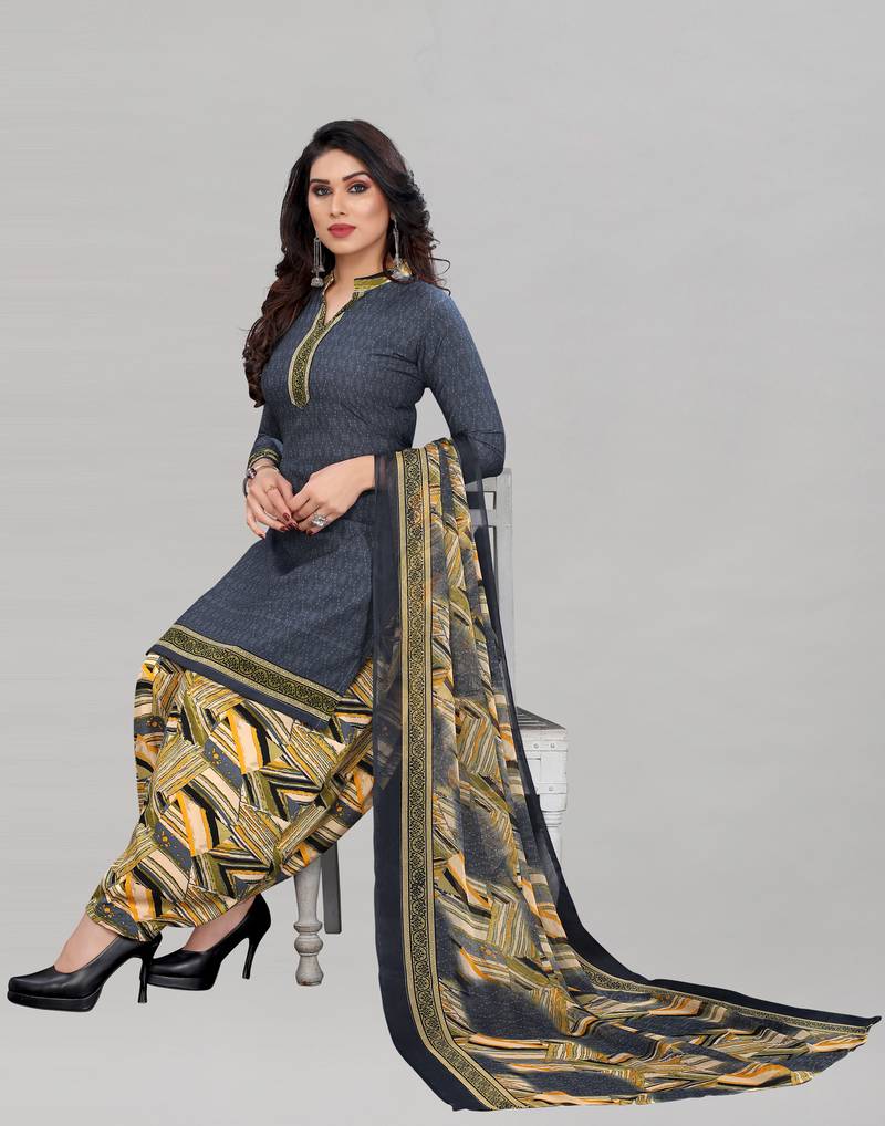 Grey Printed Crepe Unstitched Women'S Dress Material