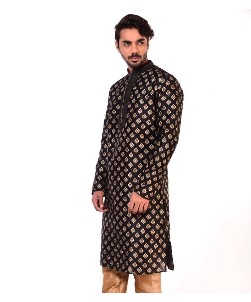 Erach India Men Printed Dupion Silk Straight Kurta