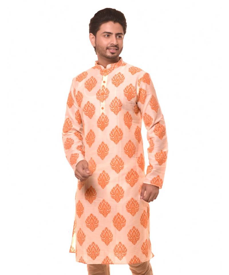 Erach India Men Printed Dupion Silk Straight Kurta