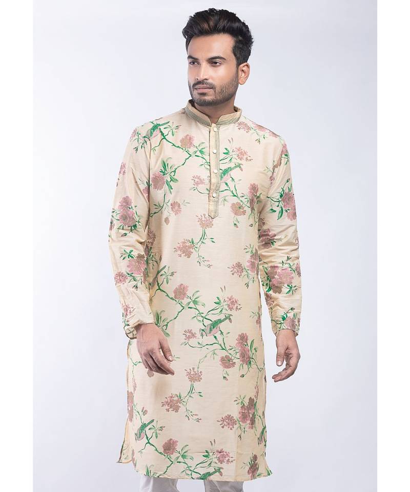 Erach India Men Printed Dupion Silk Straight Kurta