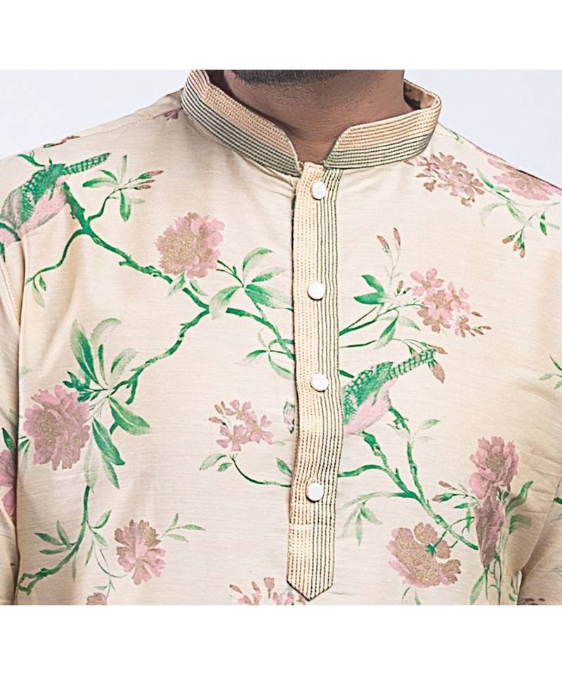 Erach India Men Printed Dupion Silk Straight Kurta