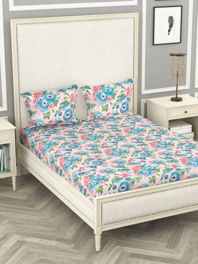 KOPA 100% Pure Cotton Double Bedsheet With 2 Pillow Covers  3pc set (castillo) floral blue