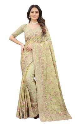 Green embroidered organza saree with blouse 1