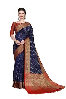 Navy blue woven Banarasi silk blend saree with blouse