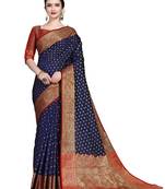 Navy blue woven Banarasi silk blend saree with blouse