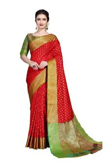 Red woven banarasi silk saree with blouse