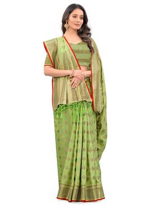 Green Woven Chanderi Saree With Blouse 1