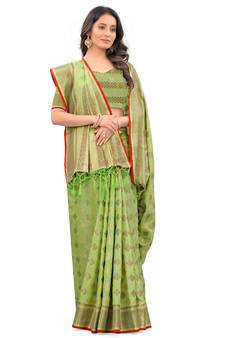 Green Woven Chanderi Saree With Blouse