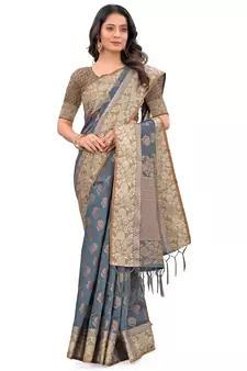 Grey Woven Chanderi Saree With Blouse