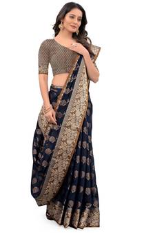 Navy Blue Woven Chanderi Saree With Blouse