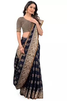 Navy Blue Woven Chanderi Saree With Blouse