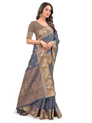 Grey Woven Chanderi Saree With Blouse 1