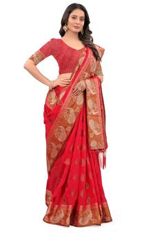Peach Woven Chanderi Saree With Blouse