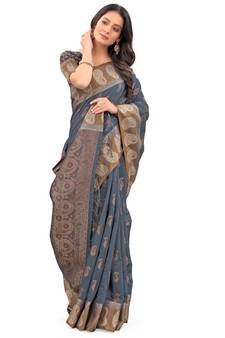 Grey Woven Chanderi Saree With Blouse