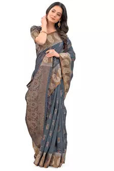 Grey Woven Chanderi Saree With Blouse
