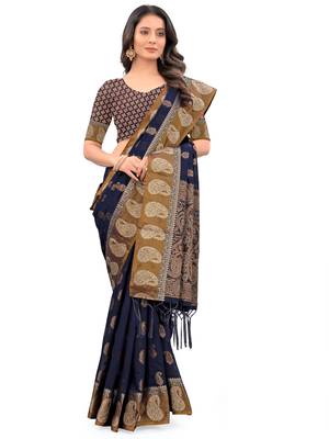 Navy Blue Woven Chanderi Saree With Blouse 1