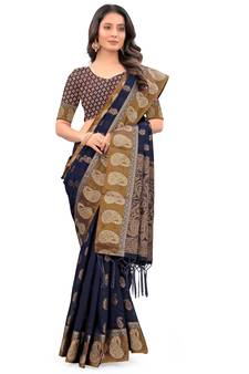 Navy Blue Woven Chanderi Saree With Blouse