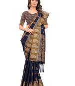 Navy Blue Woven Chanderi Saree With Blouse