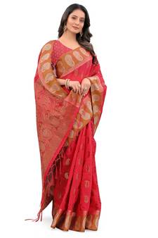 Peach Woven Chanderi Saree With Blouse