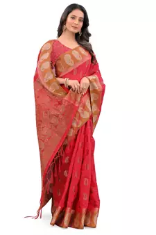 Peach Woven Chanderi Saree With Blouse