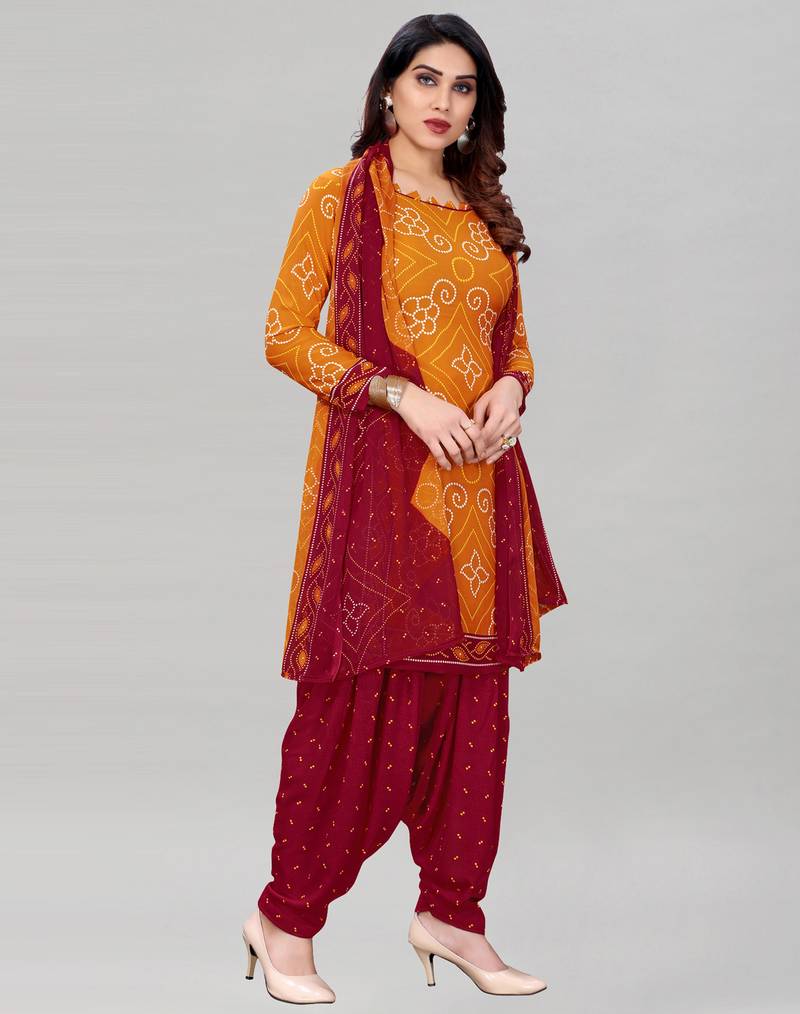 Yellow Printed Crepe Unstitched Women'S Dress Material Satrani