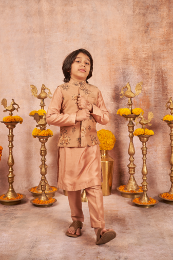 Handloom Pinted Tussar Silk Jacket With Matching Kurta Pajama Set