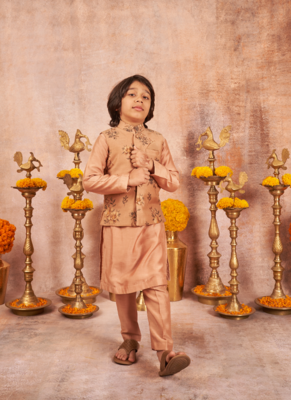 Handloom Pinted Tussar Silk Jacket With Matching Kurta Pajama Set 1