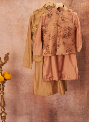 Handloom Pinted Tussar Silk Jacket With Matching Kurta Pajama Set 3
