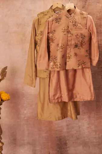 Handloom Pinted Tussar Silk Jacket With Matching Kurta Pajama Set