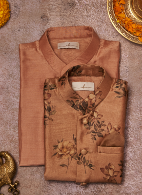 Handloom Pinted Tussar Silk Jacket With Matching Kurta Pajama Set 4