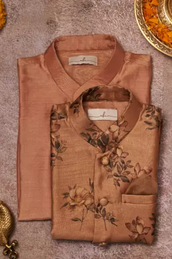 Handloom Pinted Tussar Silk Jacket With Matching Kurta Pajama Set