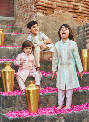 Thread Sequins Work Slub Silk Achkan And Bottom Set 3