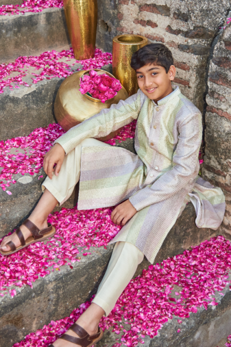 Thread Sequins Work Slub Silk Achkan And Bottom Set