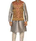 Men's Silver Kurta Cream Pyjami With Purple Jacket