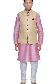 Men's Pink Kurta White Pyjami With Gold Jacket