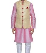 Men's Pink Kurta White Pyjami With Gold Jacket