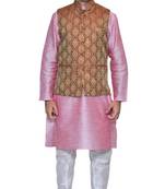 Men's Pink Kurta White Pyjami With Maroon Jacket