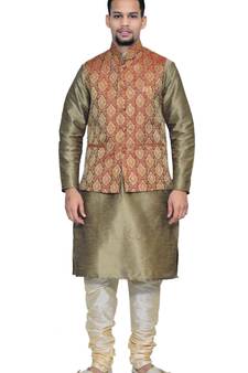Men's Copper Gold Kurta Gold Pyjami With Maroon Jacket