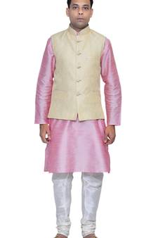 Men's Pink Kurta White Pyjami With New Gold Jacket
