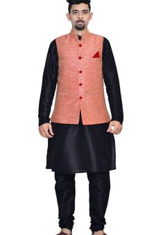 men's Black Kurta Churidhar with Pink Waistcoat
