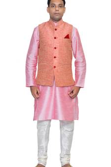 Men's Pink Kurta White Churidhar with Pink Waistcoat