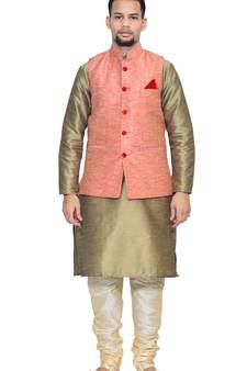Men's Copper Gold Kurta White Churidhar with Pink Waistcoat