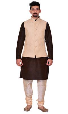 Men's Brown Kurta Gold Pyjami With New Gold Jacket 1